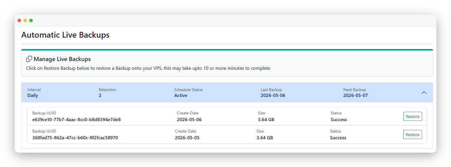 CrownPanel - live backups